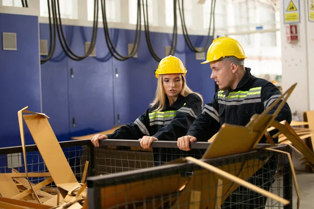 Manufacturing workers handling recyclable materials