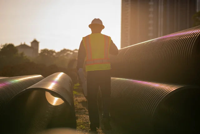 A worker inspecting drainage pipes at a construction site