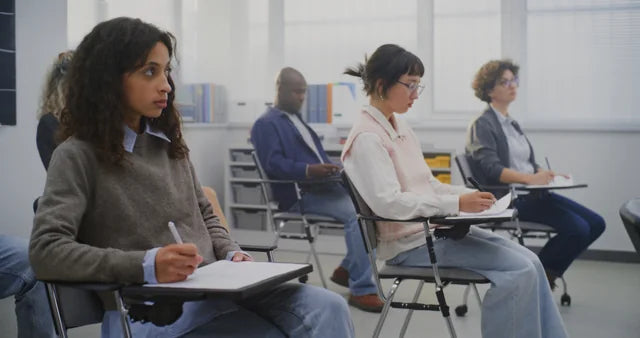 Adult learners writing in a classroom