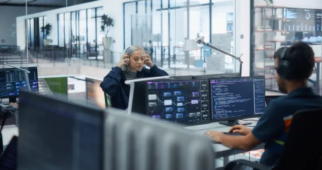 Software developers working at computer workstations