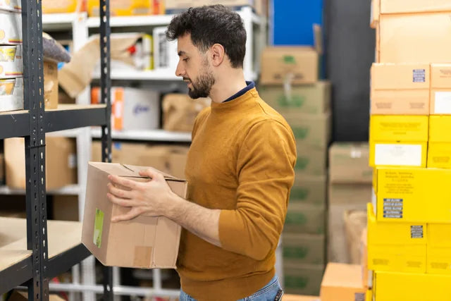 A worker checking packaged goods in a food warehouse