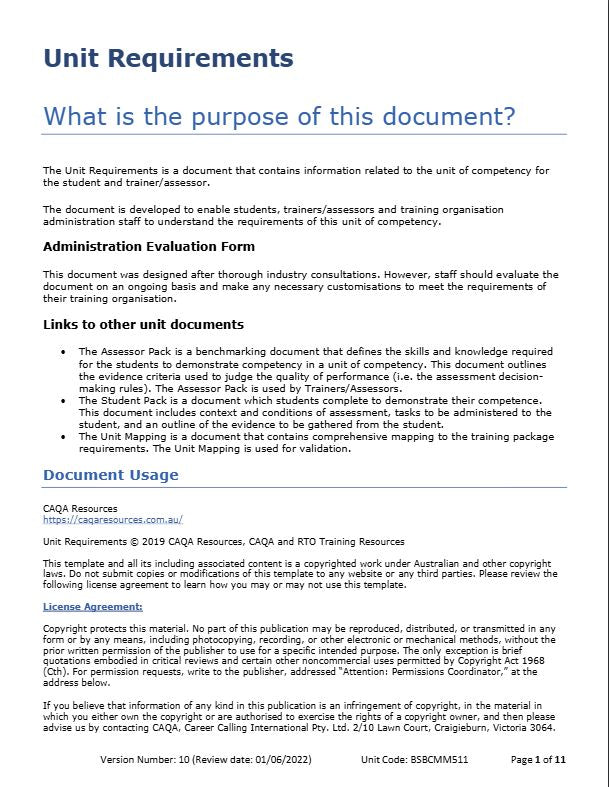 Unit Requirements — original CAQA BSBCMM511 sample