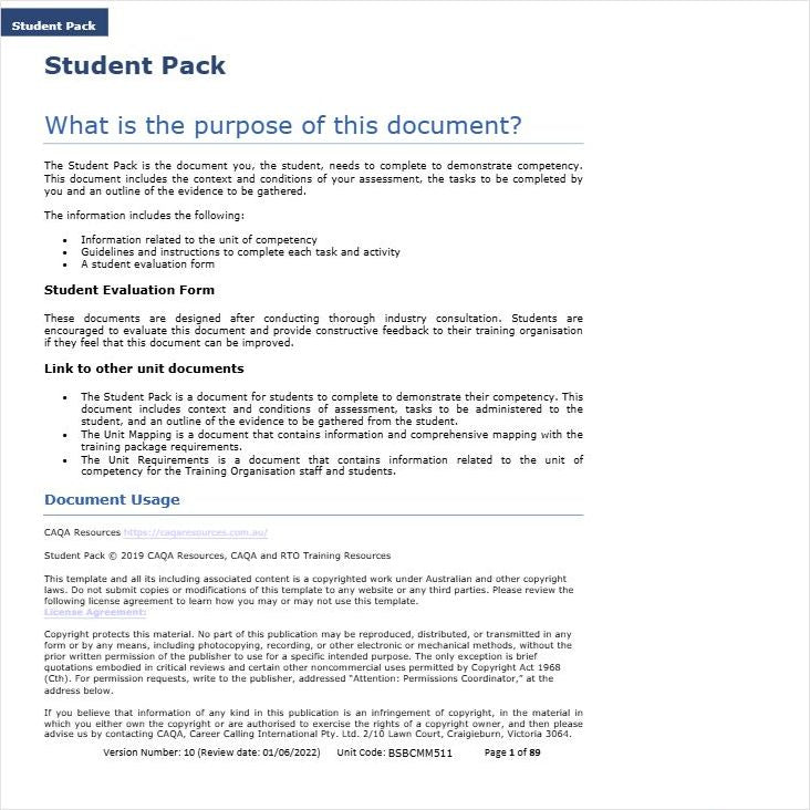 Student Pack — original CAQA BSBCMM511 sample