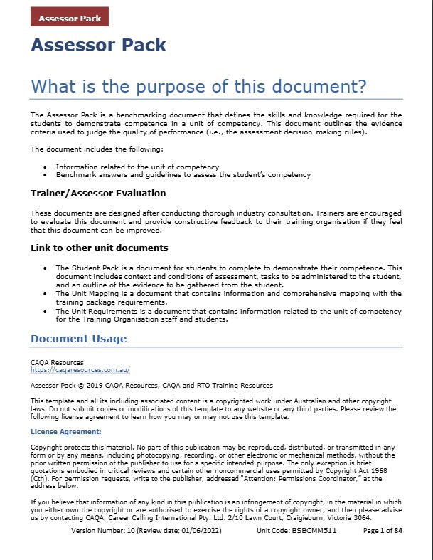 Assessor Pack — original CAQA BSBCMM511 sample