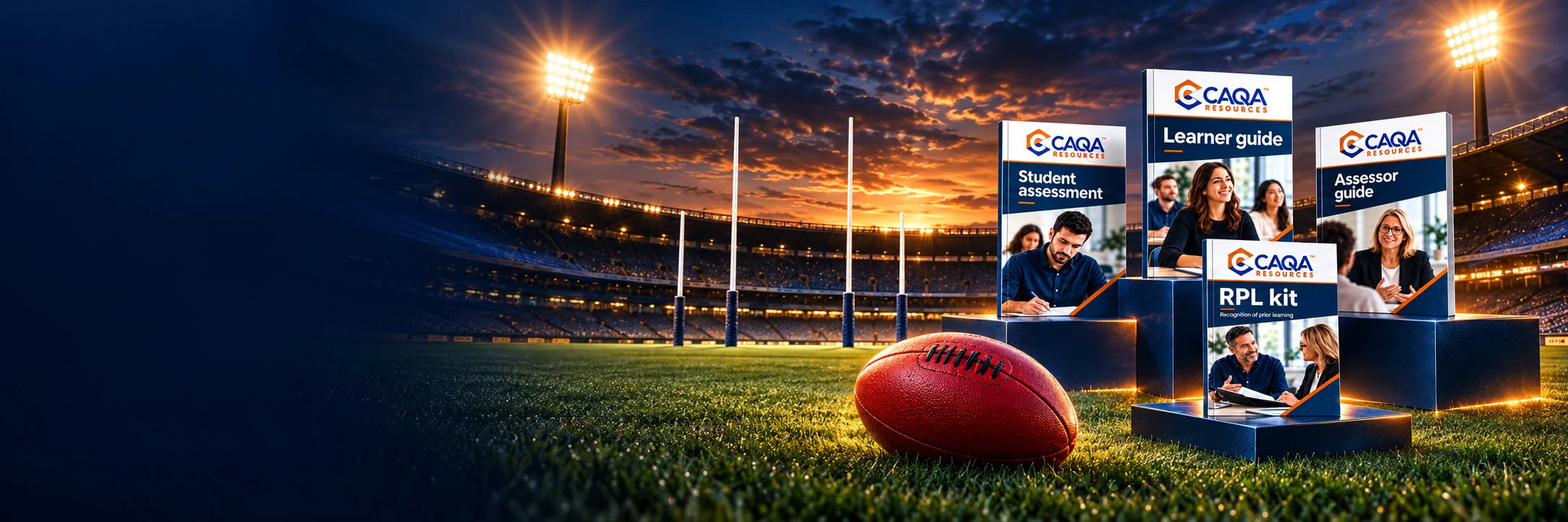 Australian-rules football ground at dusk, a football and CAQA learning, assessment and RPL resources; no people in the stadium scene