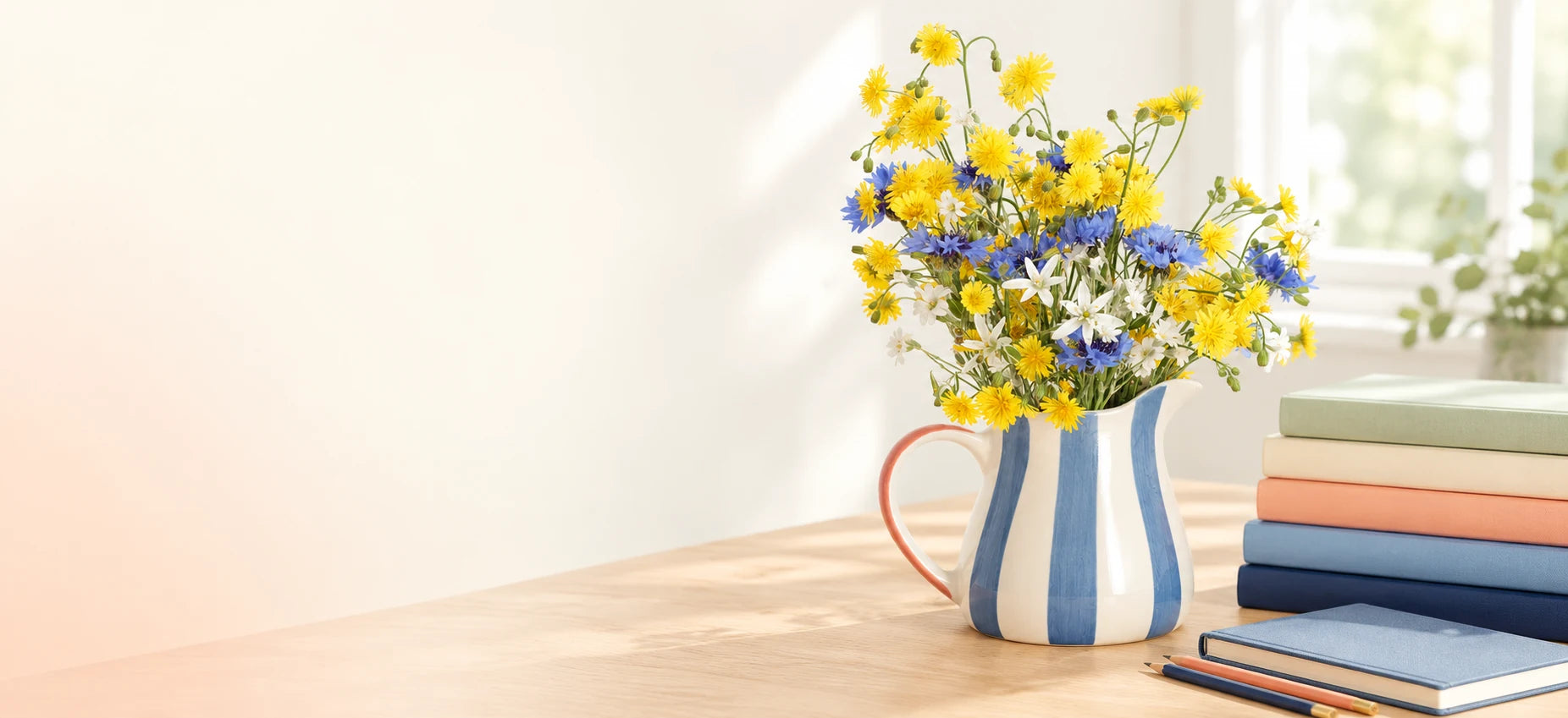 Spring wildflowers in a blue and white jug beside a stack of resource books