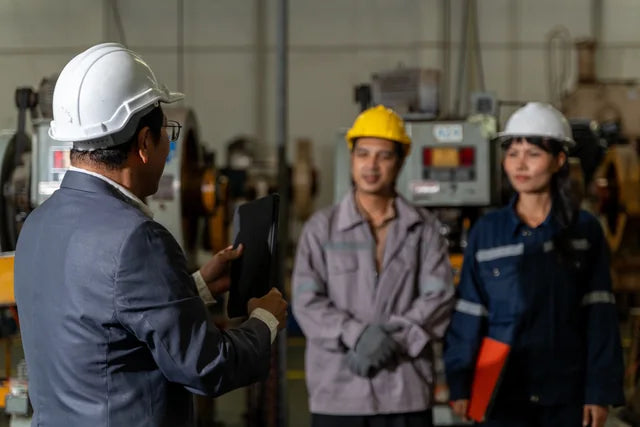 Manufacturing colleagues reviewing a production process