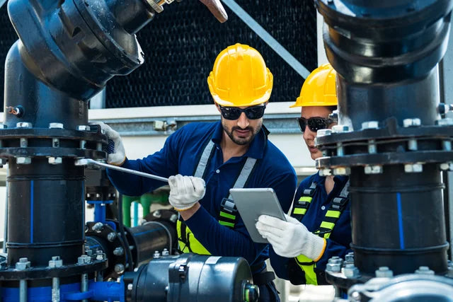 Industrial workers inspecting pipework and valves