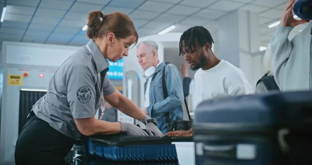 An airport security officer inspecting passenger baggage