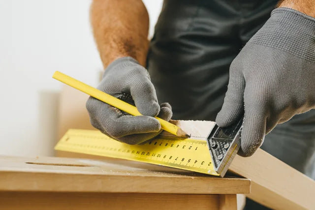 A carpenter measuring and marking timber