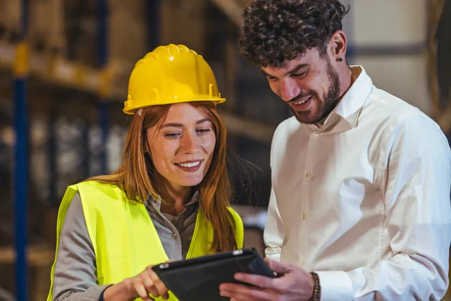 Warehouse colleagues discussing a task together